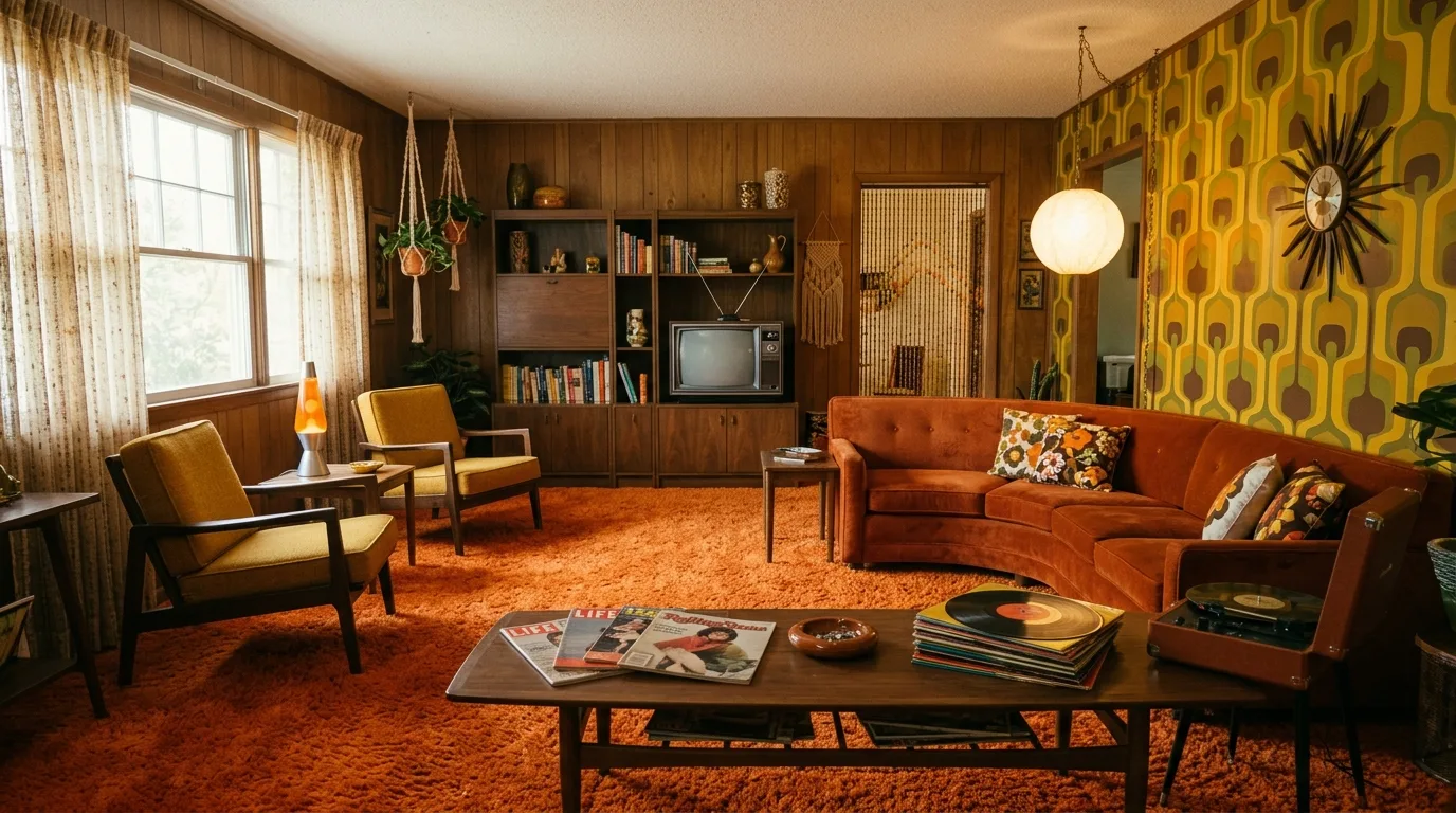 create a living room that feels complete in a living room inspired by spicy brown orange retro.
