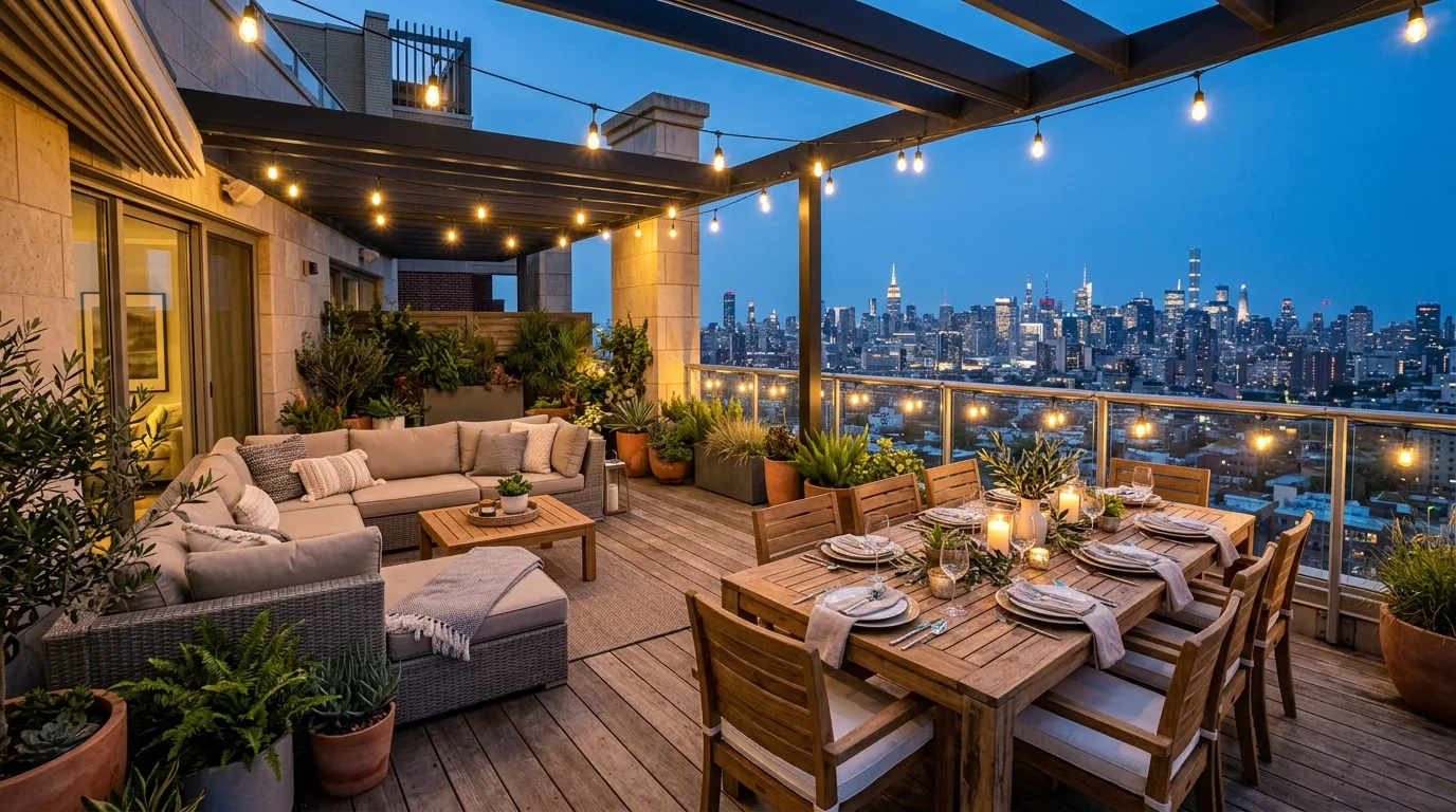 Sprawling Large Apartment Balcony Ideas for Entertaining in a thoughtfully styled balcony.