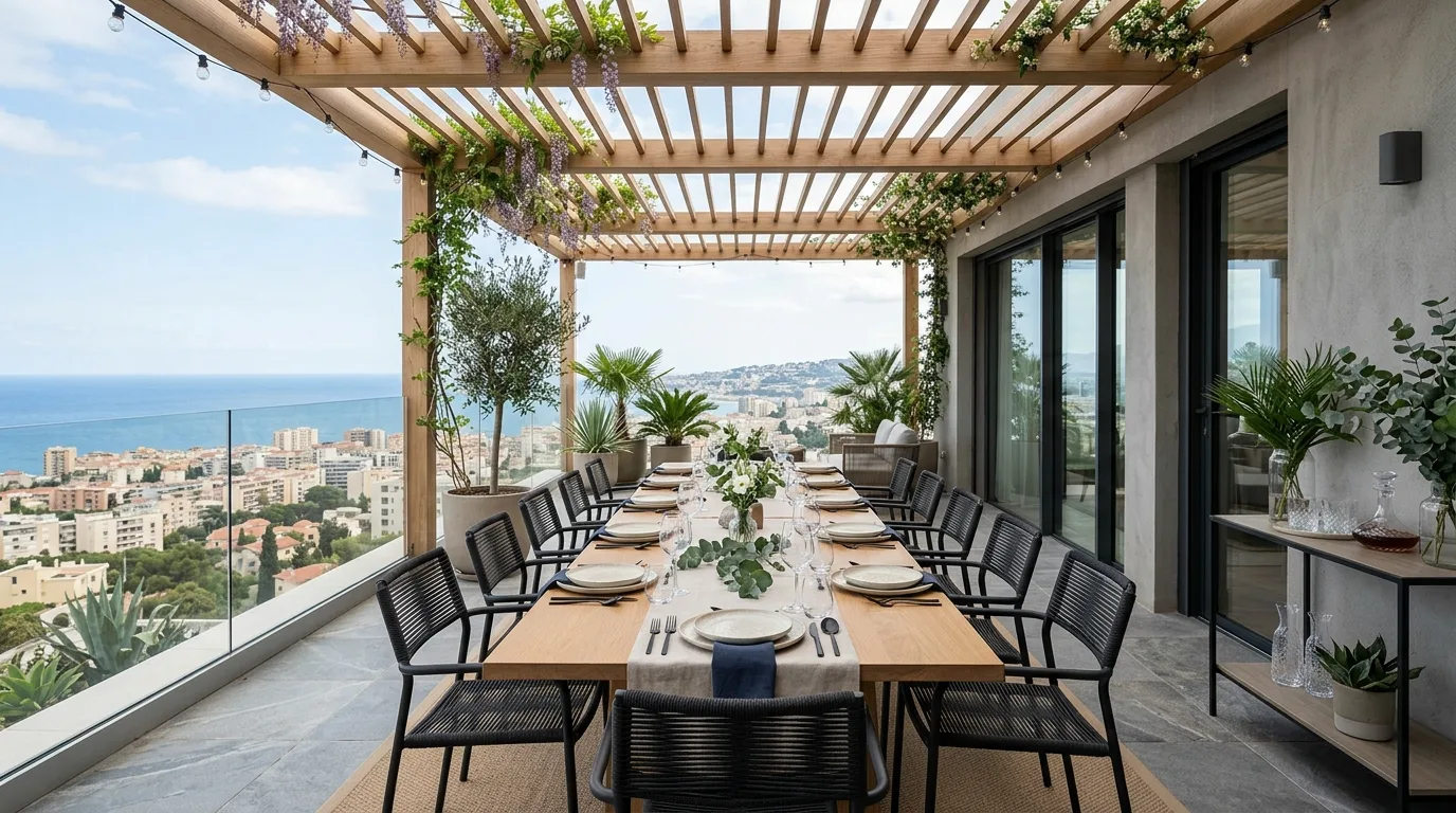 add texture for comfort and warmth in a balcony inspired by sprawling large entertaining.