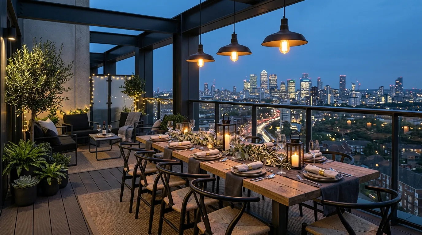 create a balcony that feels complete in a balcony inspired by sprawling large entertaining.