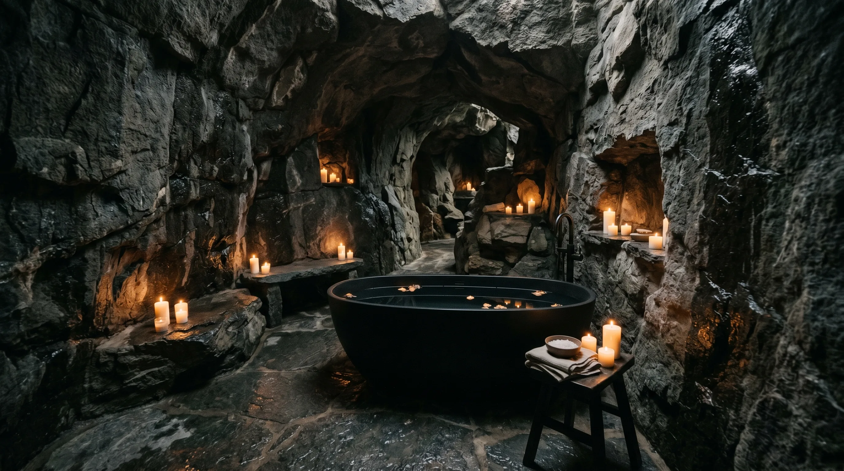 Stone wall bathroom with a cave-like sanctuary feel.