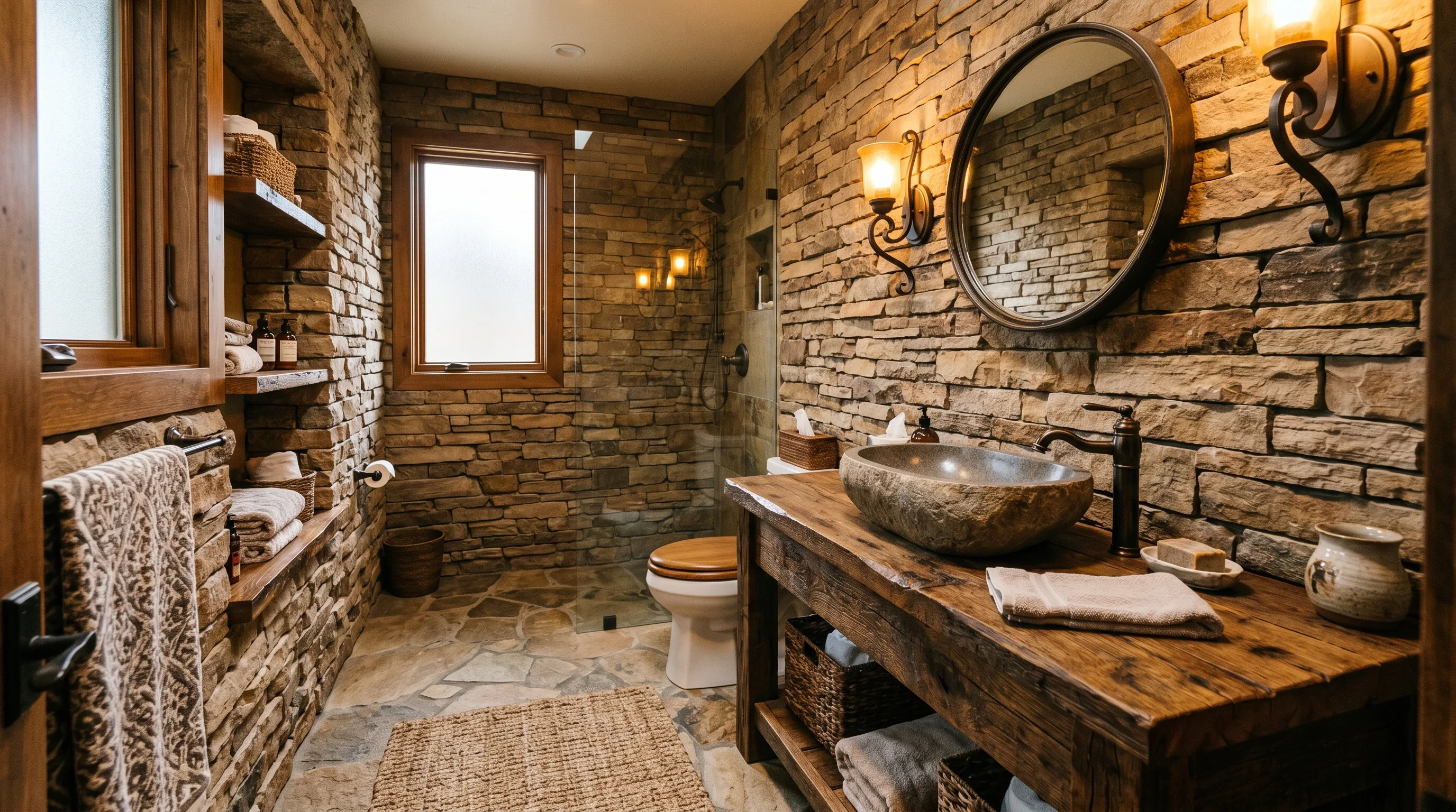 Rough stone feature wall in a cave-like bathroom.