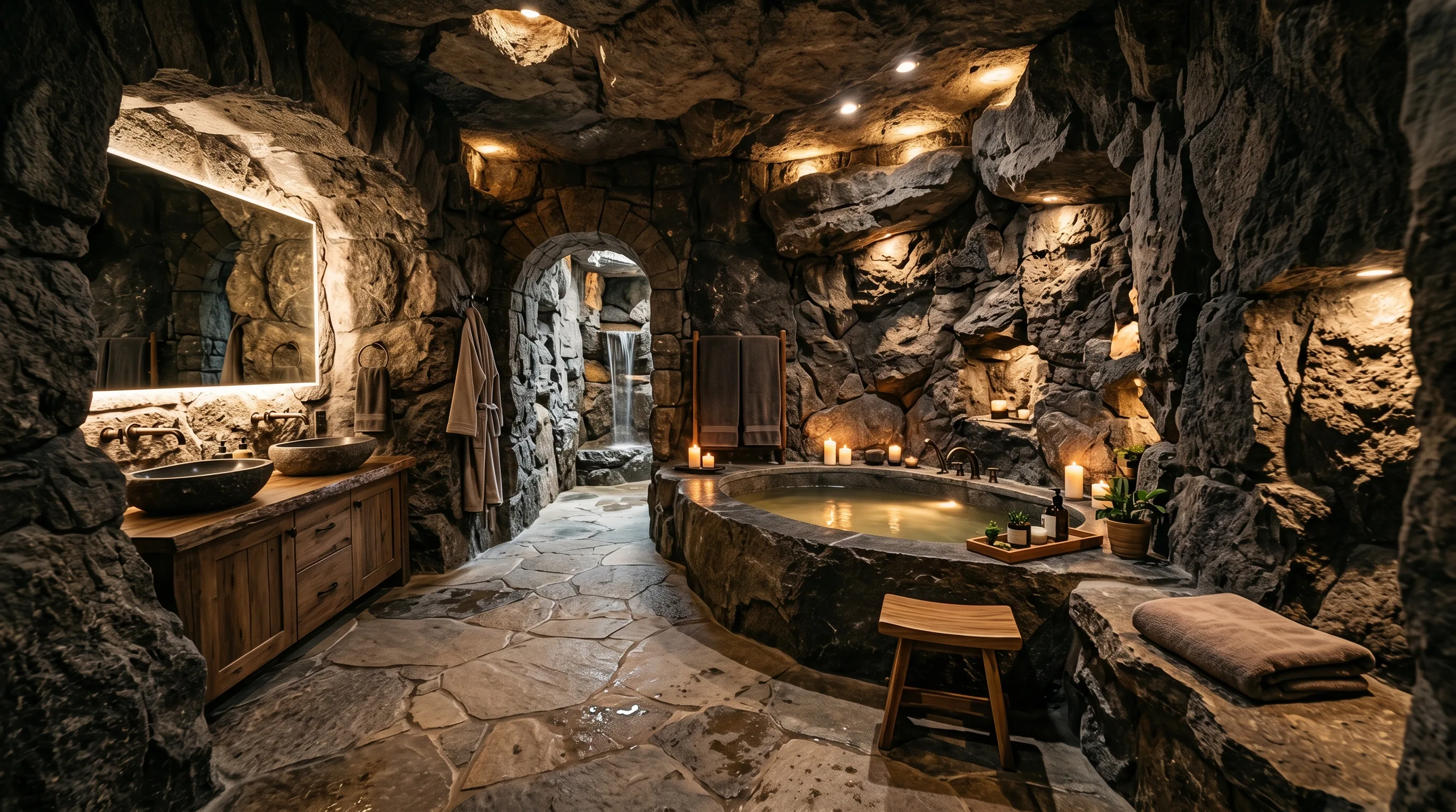Warm lighting softening stone wall texture in a bathroom.