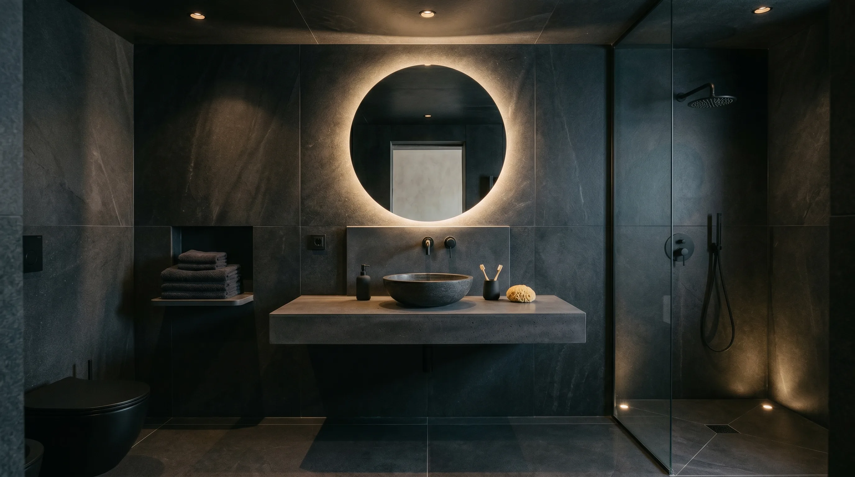 Smooth sculptural tub set against a stone wall bathroom.