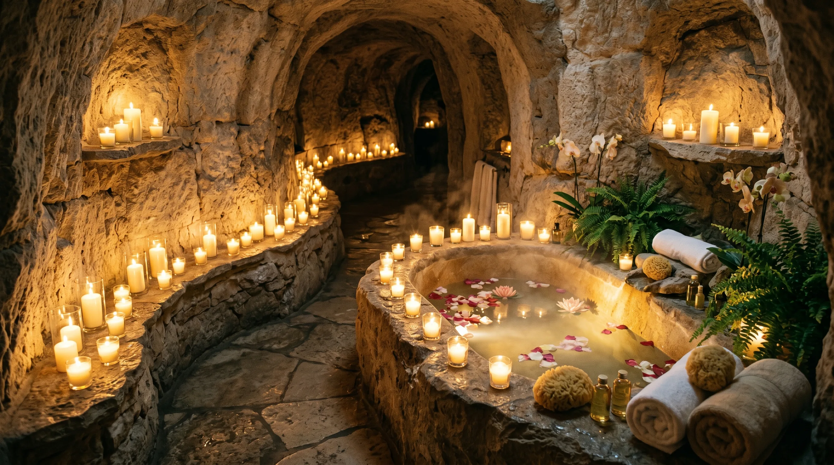 Minimal fixtures in a striking stone wall bathroom.