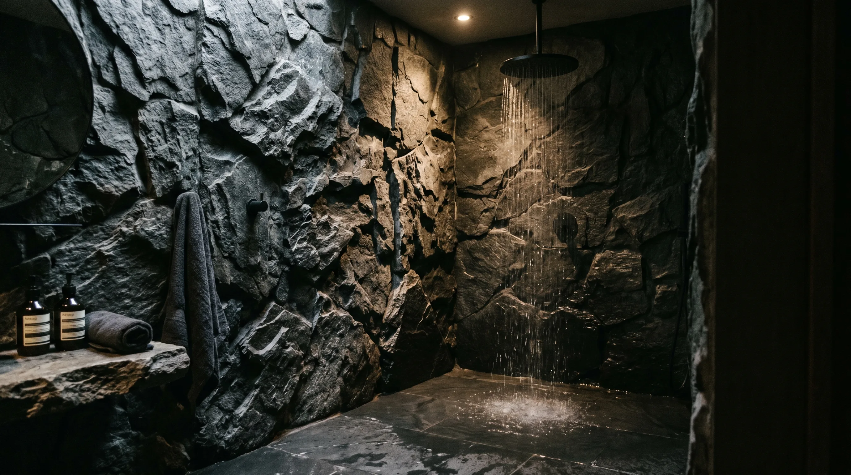 Wood accents warming a cave-like stone wall bathroom.