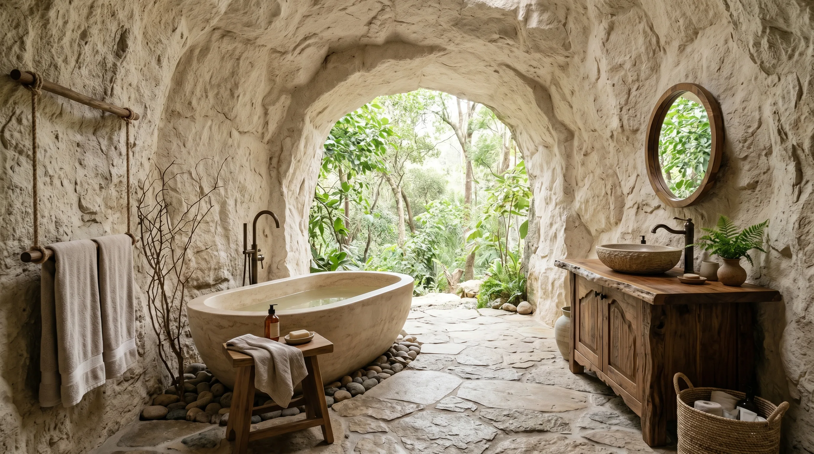 Stone shower area that feels carved into the bathroom.