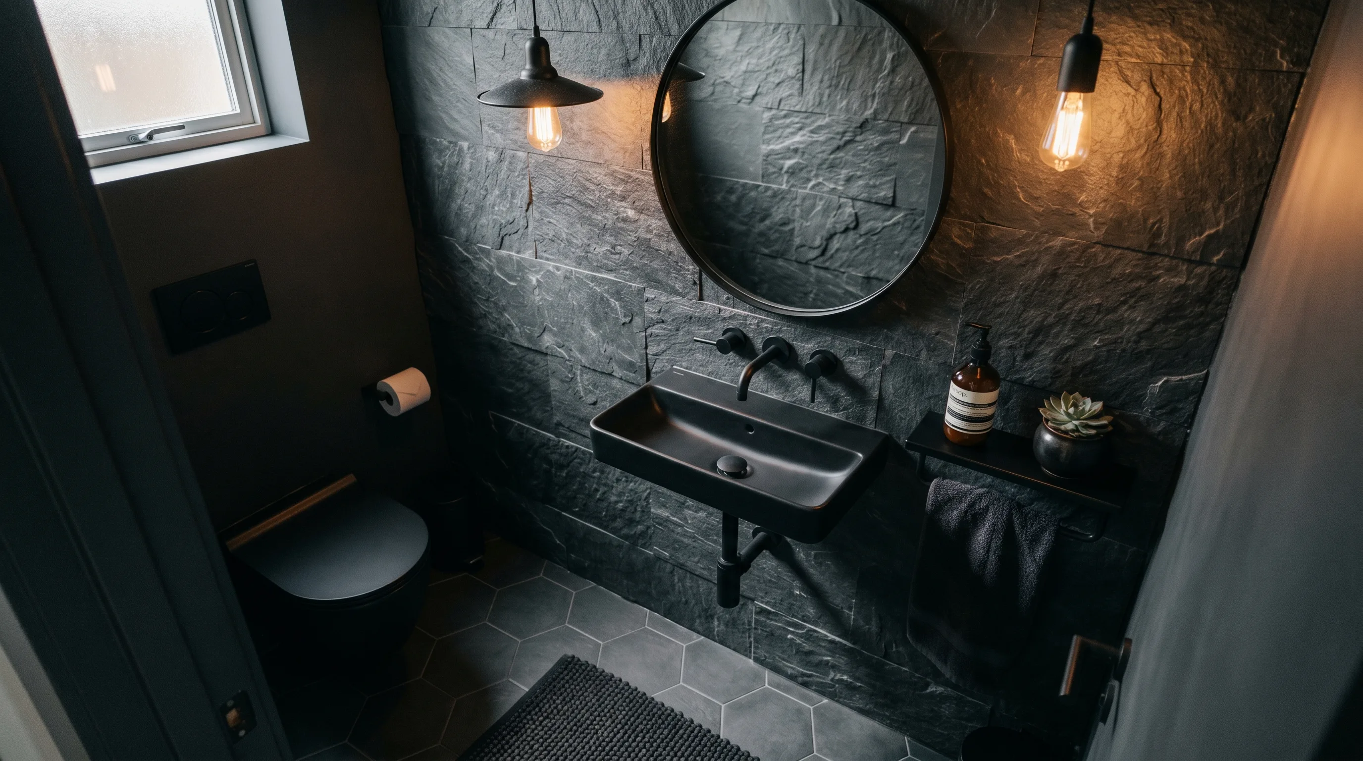 Neutral textiles calming a stone wall bathroom.