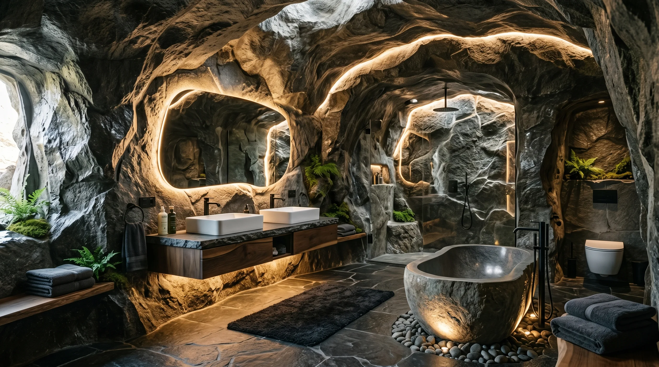 Stone wall bathroom embracing shadow and depth.