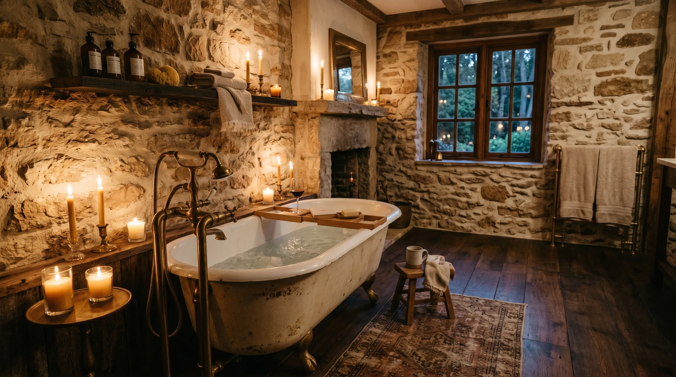 Timeless cave-like sanctuary bathroom with stone walls.