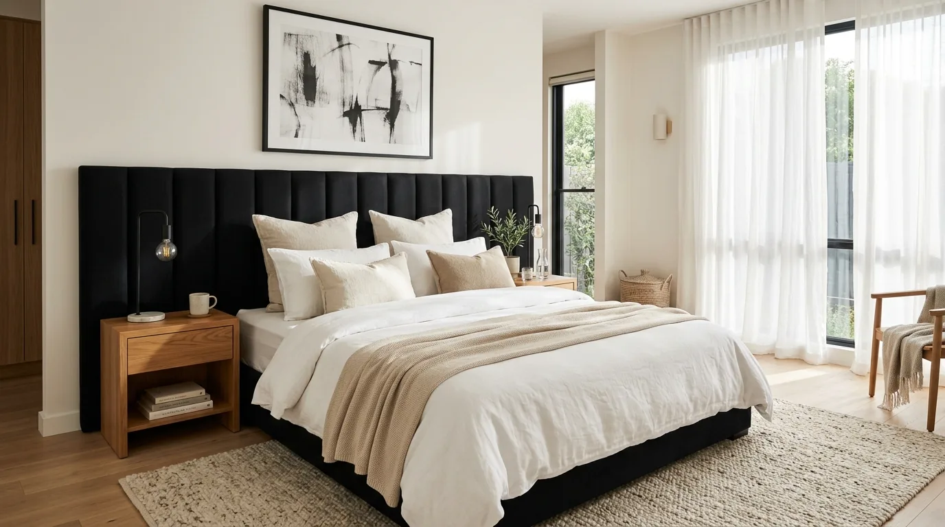 Stunning black headboard anchoring a bedroom with layered elegant styling.