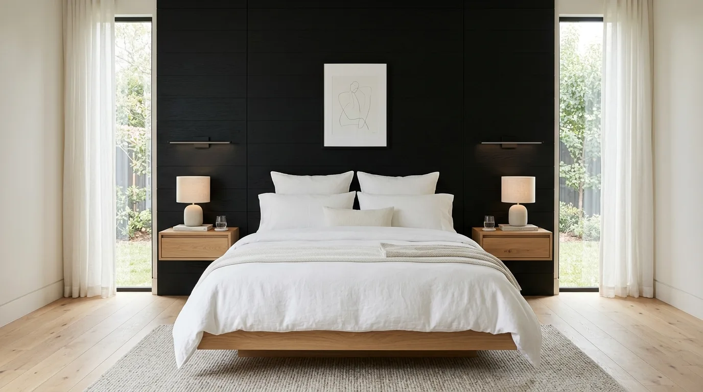 Soft upholstered black headboard creating balance in a calm bedroom.