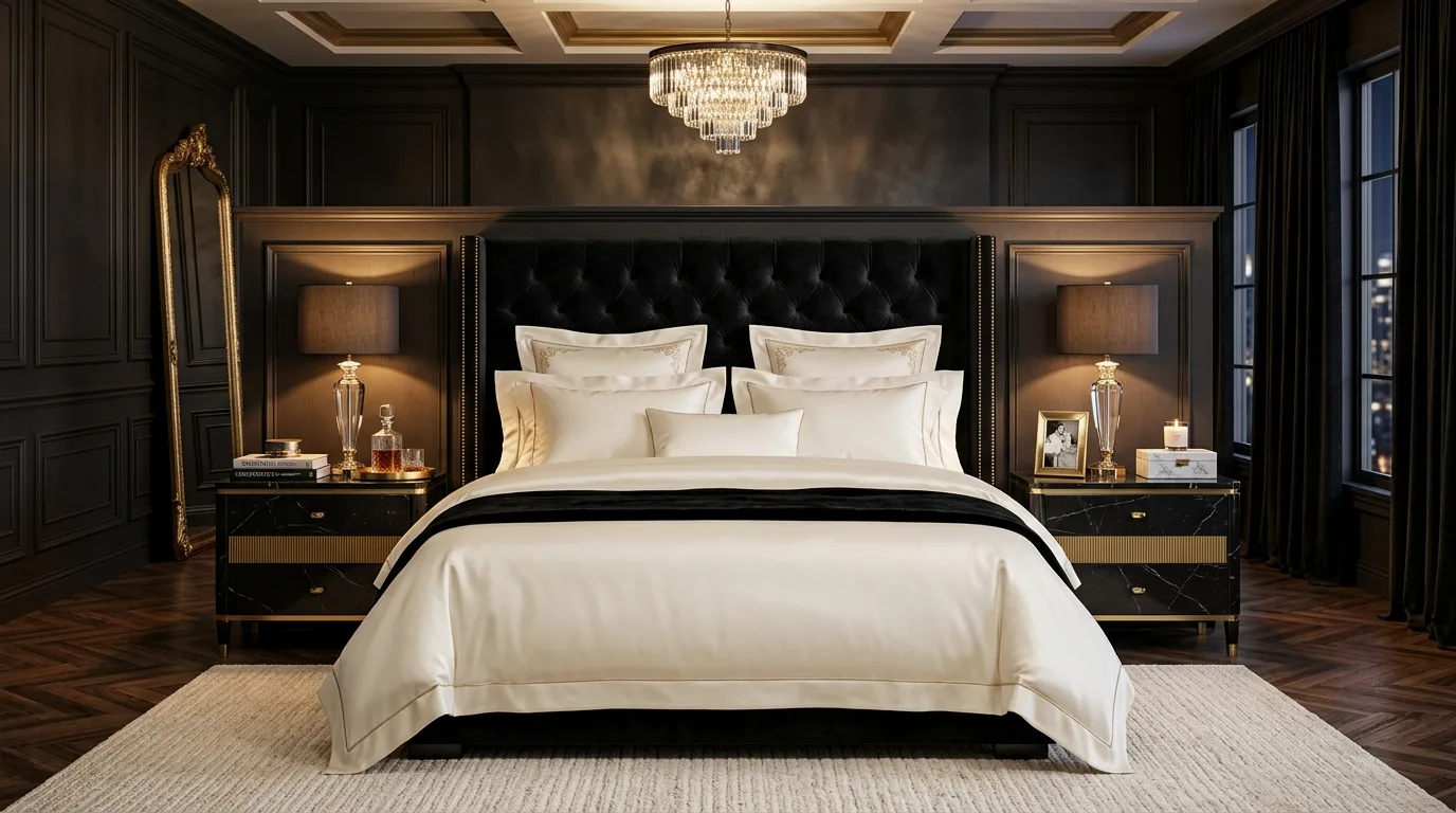 Black headboard against a warm neutral wall in a balanced bedroom.