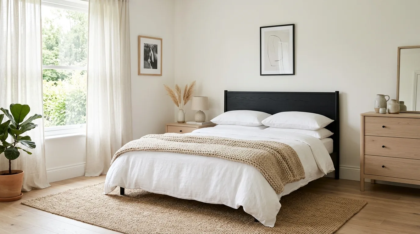 Black wood headboard with natural grain anchoring a cozy bedroom.