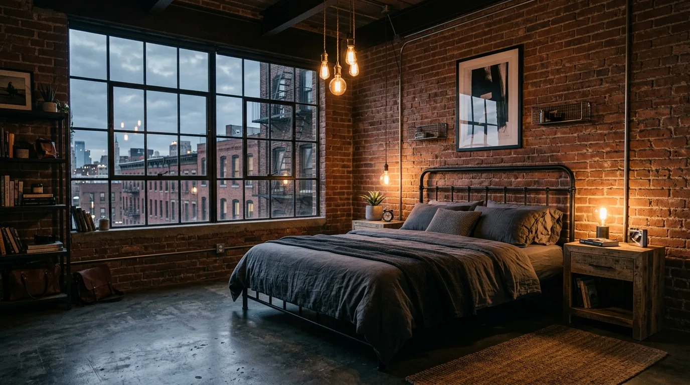 Black headboard with brass bedside glow in an elegant anchored bedroom.