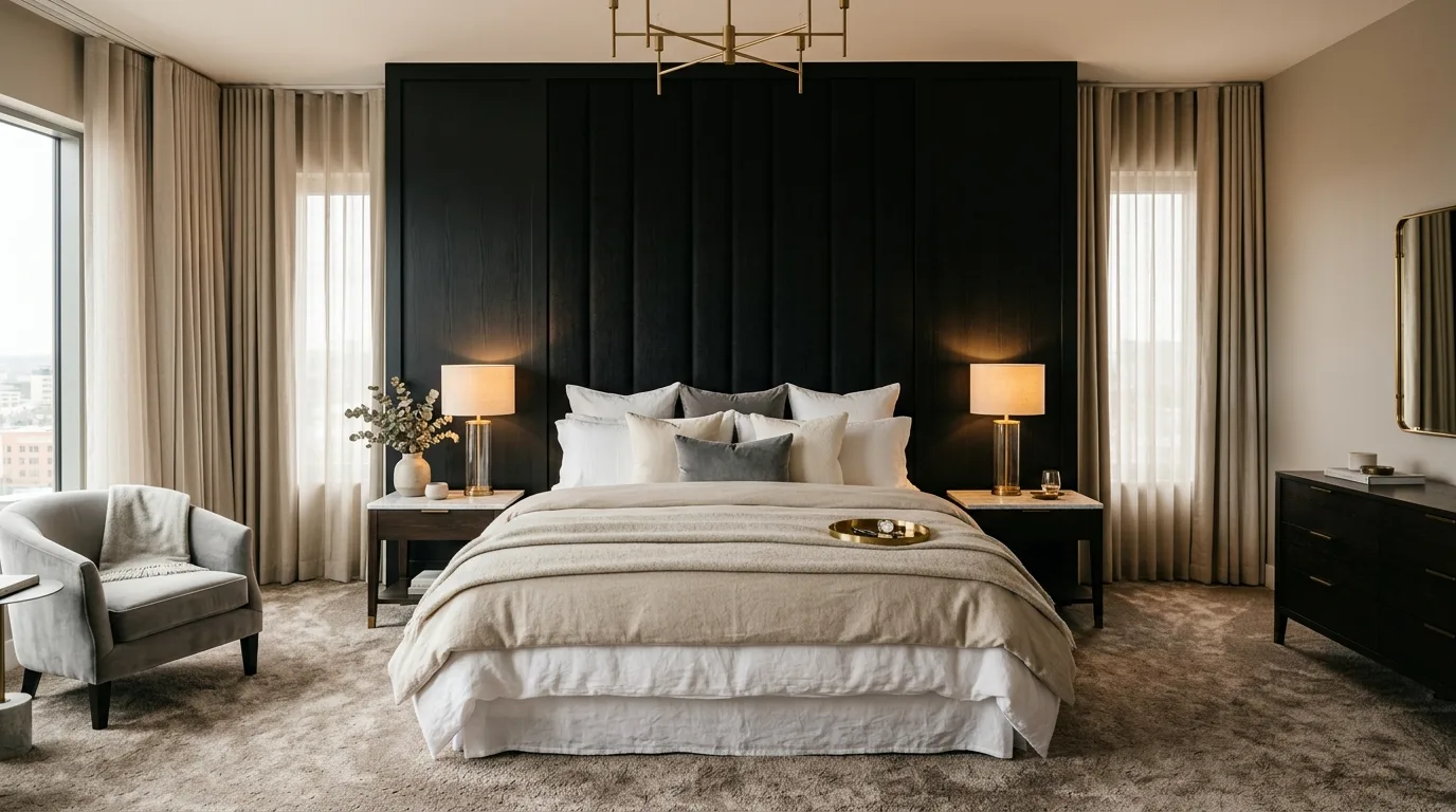 Black headboard with layered grey textiles in a modern calming bedroom.