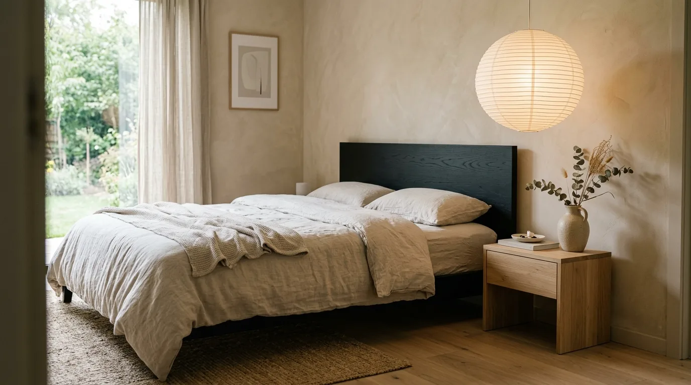 Minimal bedroom with one strong black headboard focal point.