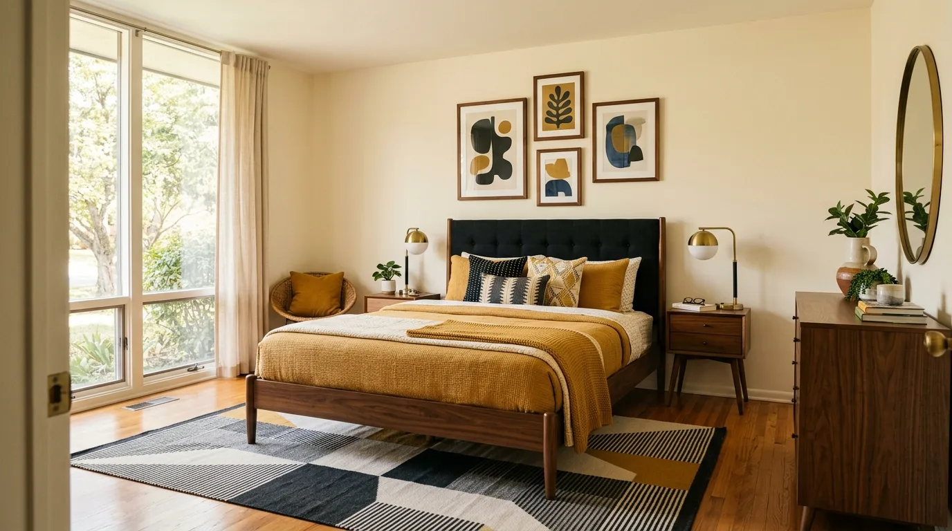Black headboard with soft beige layers creating a warm grounded bed.