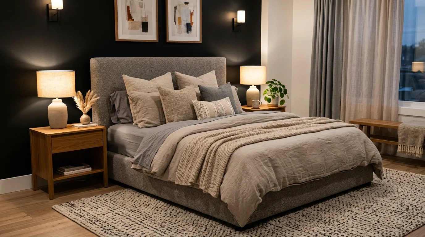 Statement black headboard in a moody bedroom with rich layered styling.