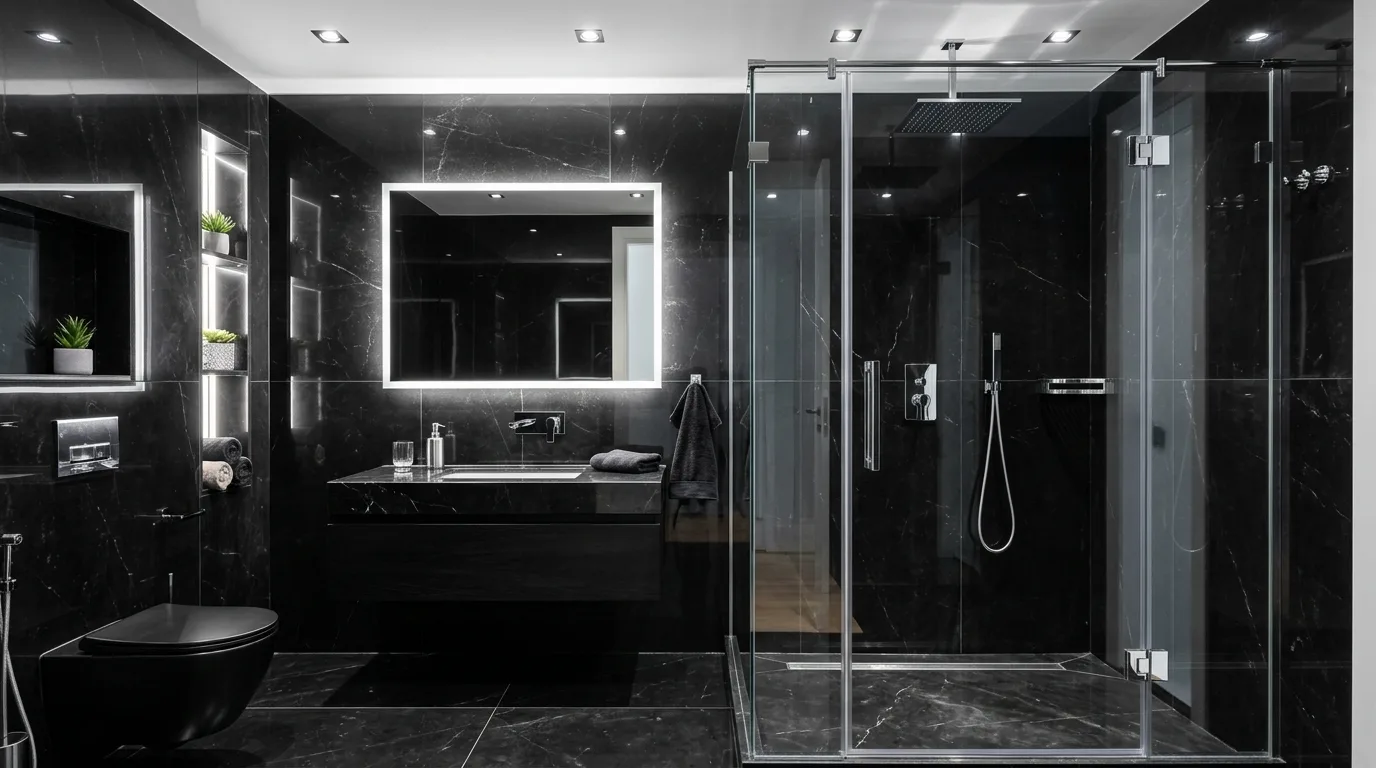 Black stone shower walls in a spa-luxury bathroom.