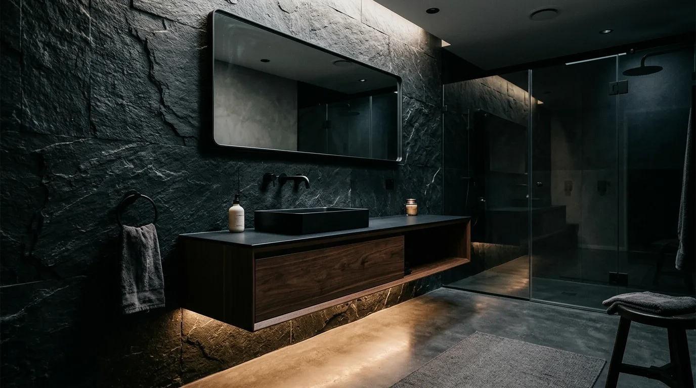 Warm wood details paired with black stone in a bathroom.