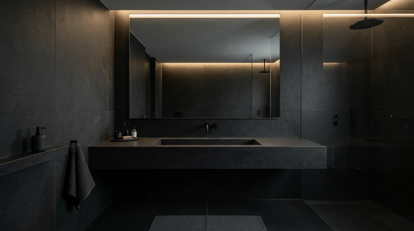 Soft hidden lighting in a black stone spa bathroom.