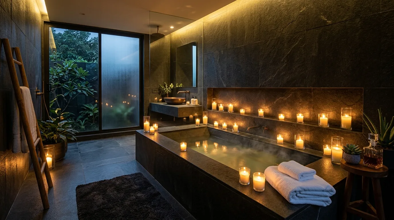 Minimal elegant fixtures in a black stone bathroom.