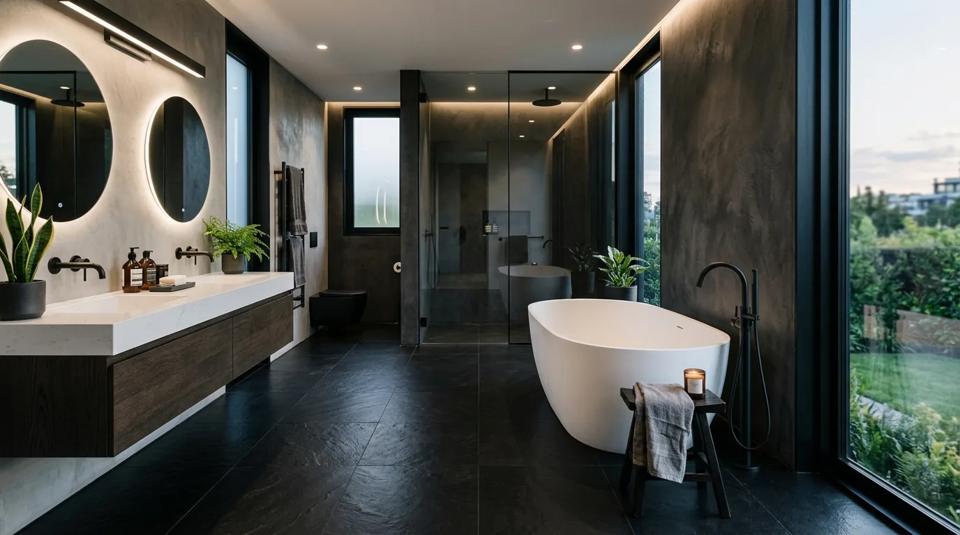 Charcoal and grey layered around black stone in a bathroom.