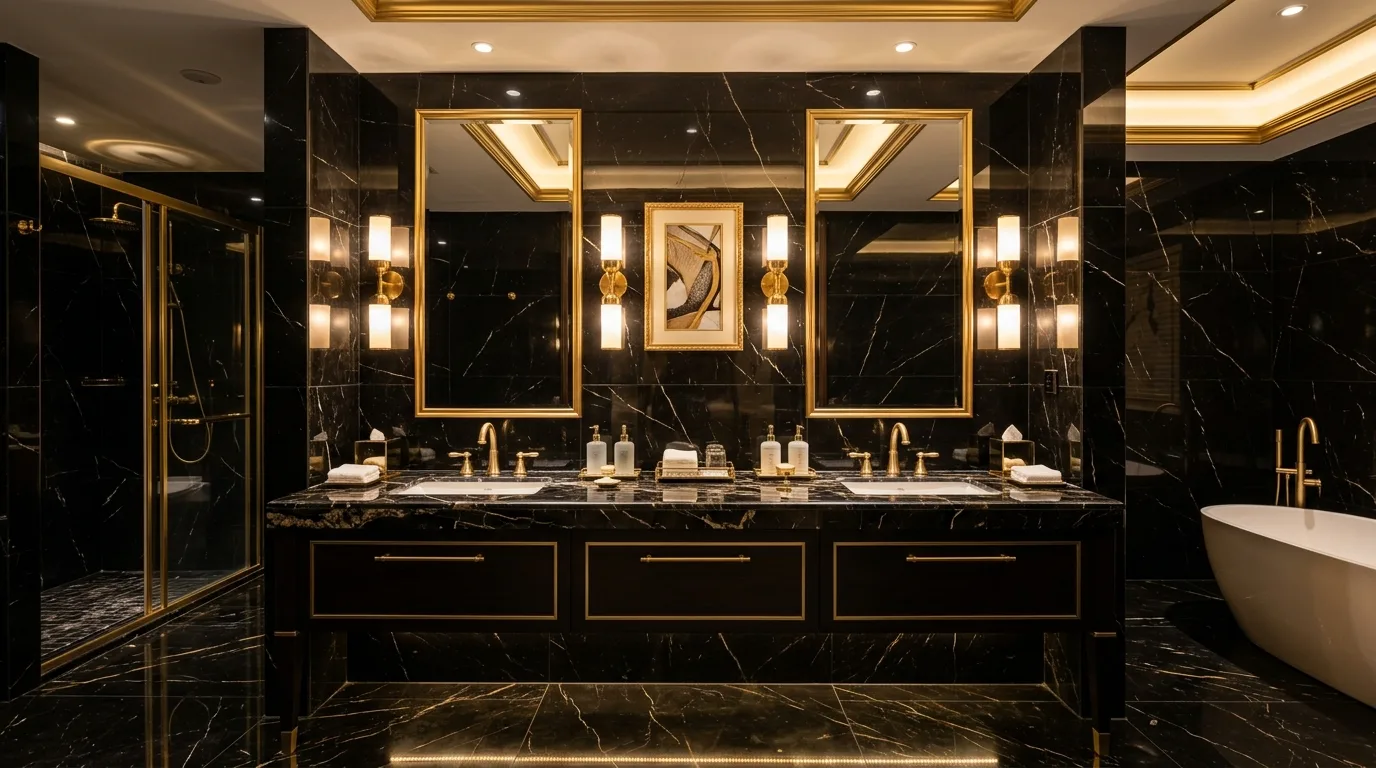 Freestanding tub contrasted against black stone walls.