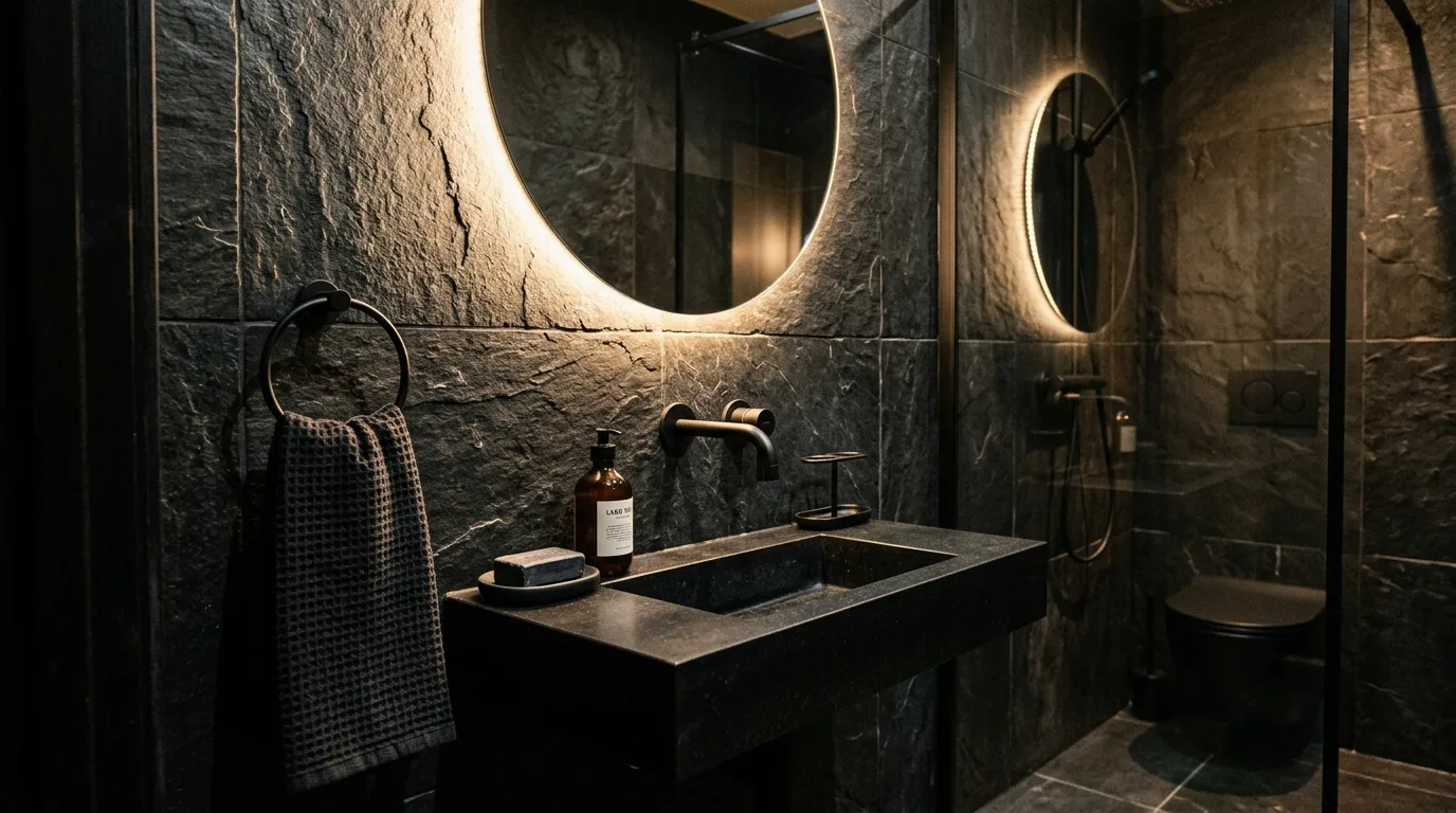 Refined sparse accessories in a black stone bathroom.