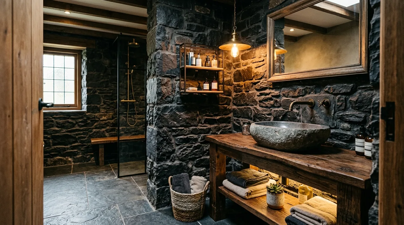 Black stone texture replacing extra decoration in a bathroom.