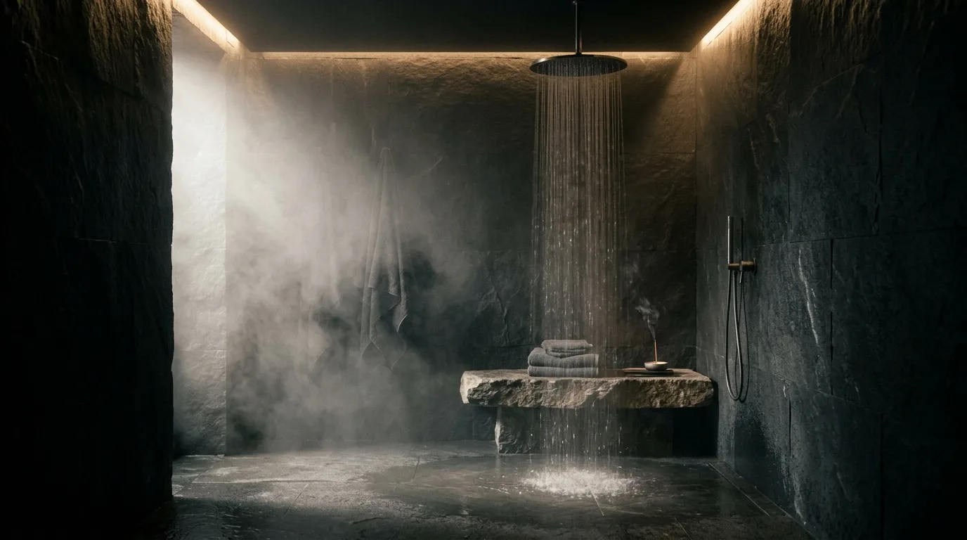 Restorative spa-luxury bathroom finished in black stone.