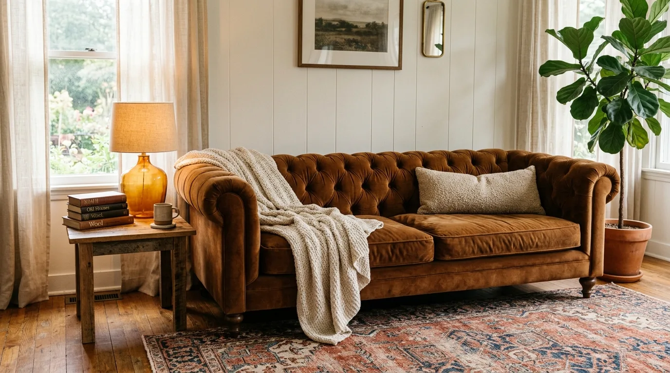 Cognac brown sofa styled with warm neutral layers in a cozy living room.