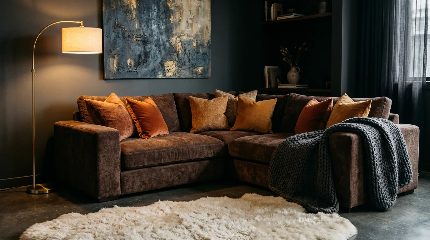 Chocolate brown sectional with rust and ochre pillows in a moody modern space.