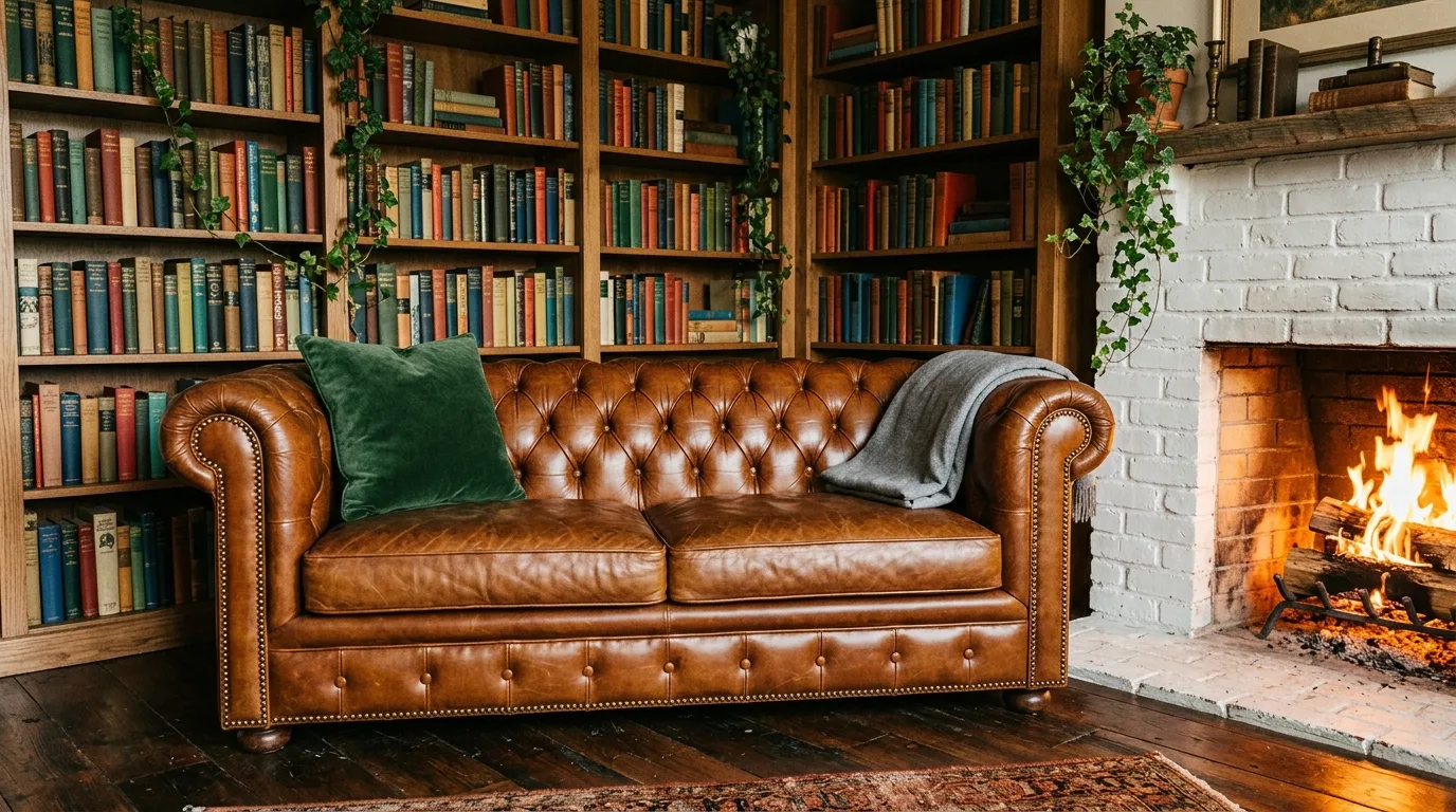 Brown Chesterfield sofa in a cozy library nook with fireplace glow.