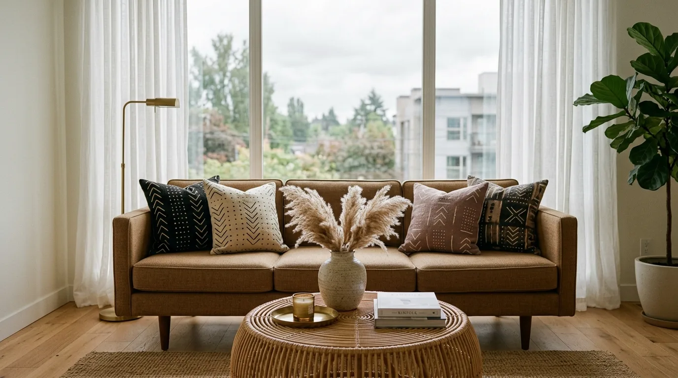 Caramel mid-century brown sofa with rattan table and linen drapery.