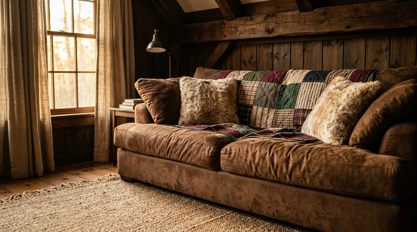 Oversized brown micro-suede sofa styled in a rustic cabin interior.