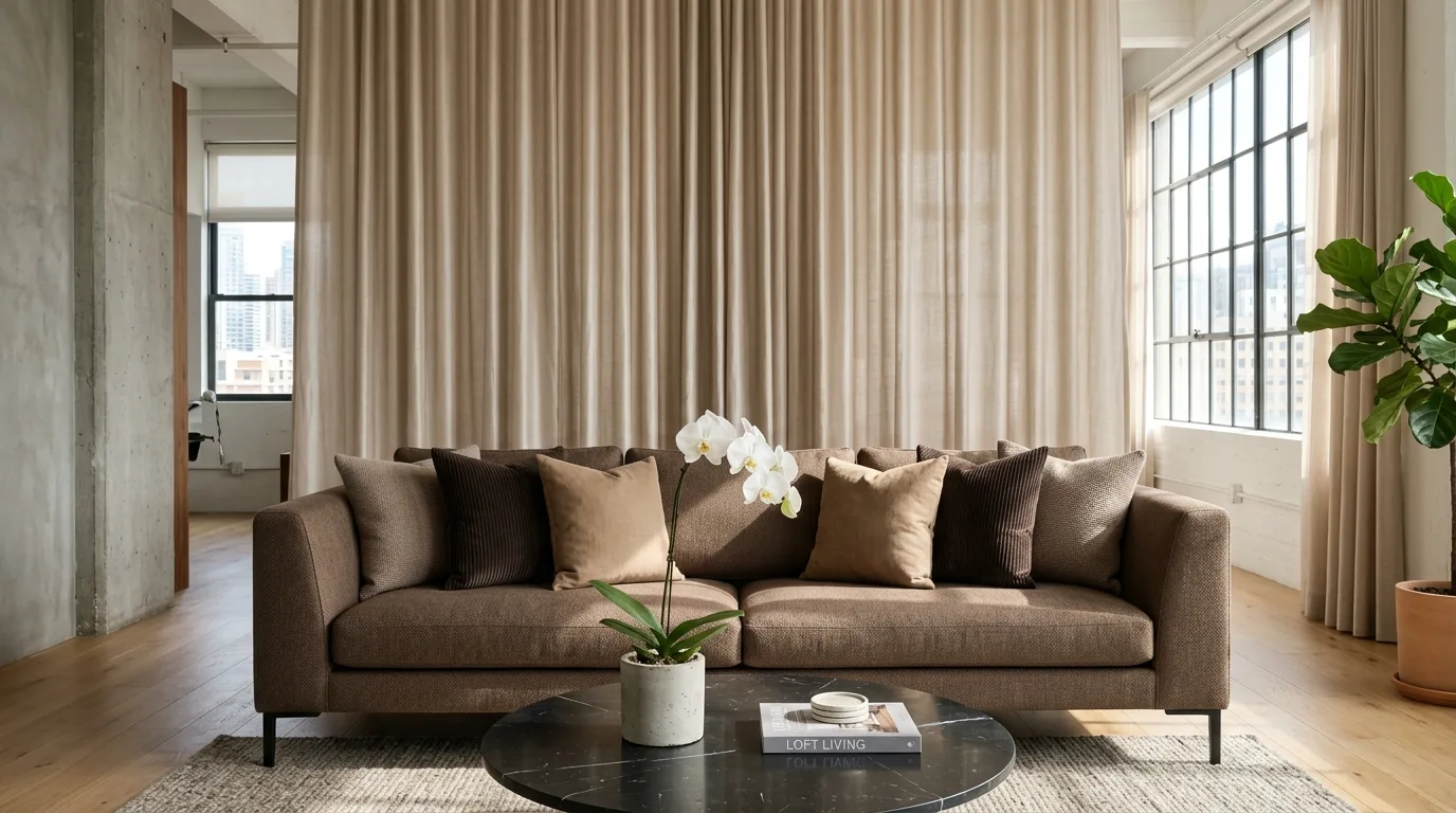 Contemporary brown sofa with tonal taupe cushions in a sunlit loft.