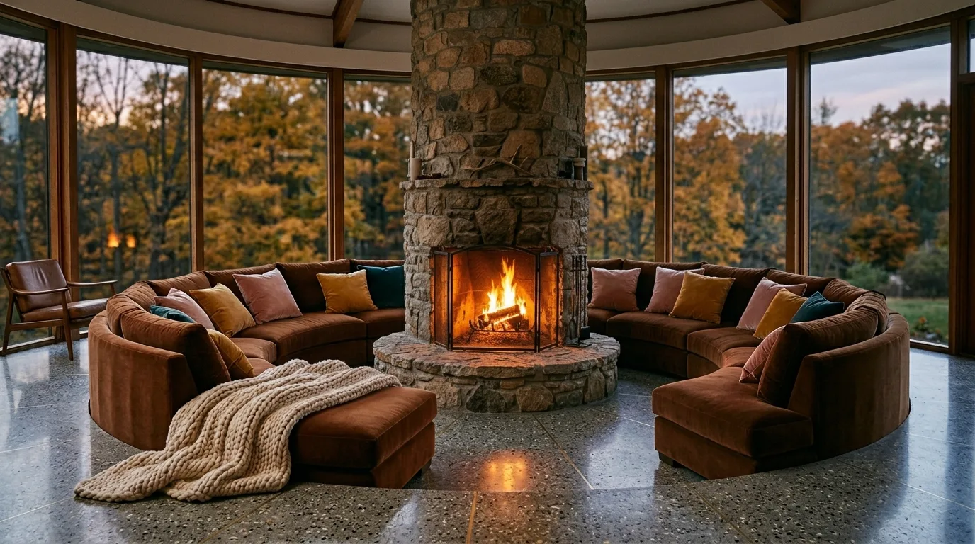 Curved brown sofa in a stylish living room.