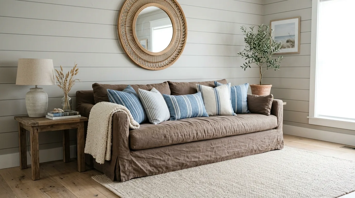 Brown slipcovered linen sofa in a breezy coastal living room.