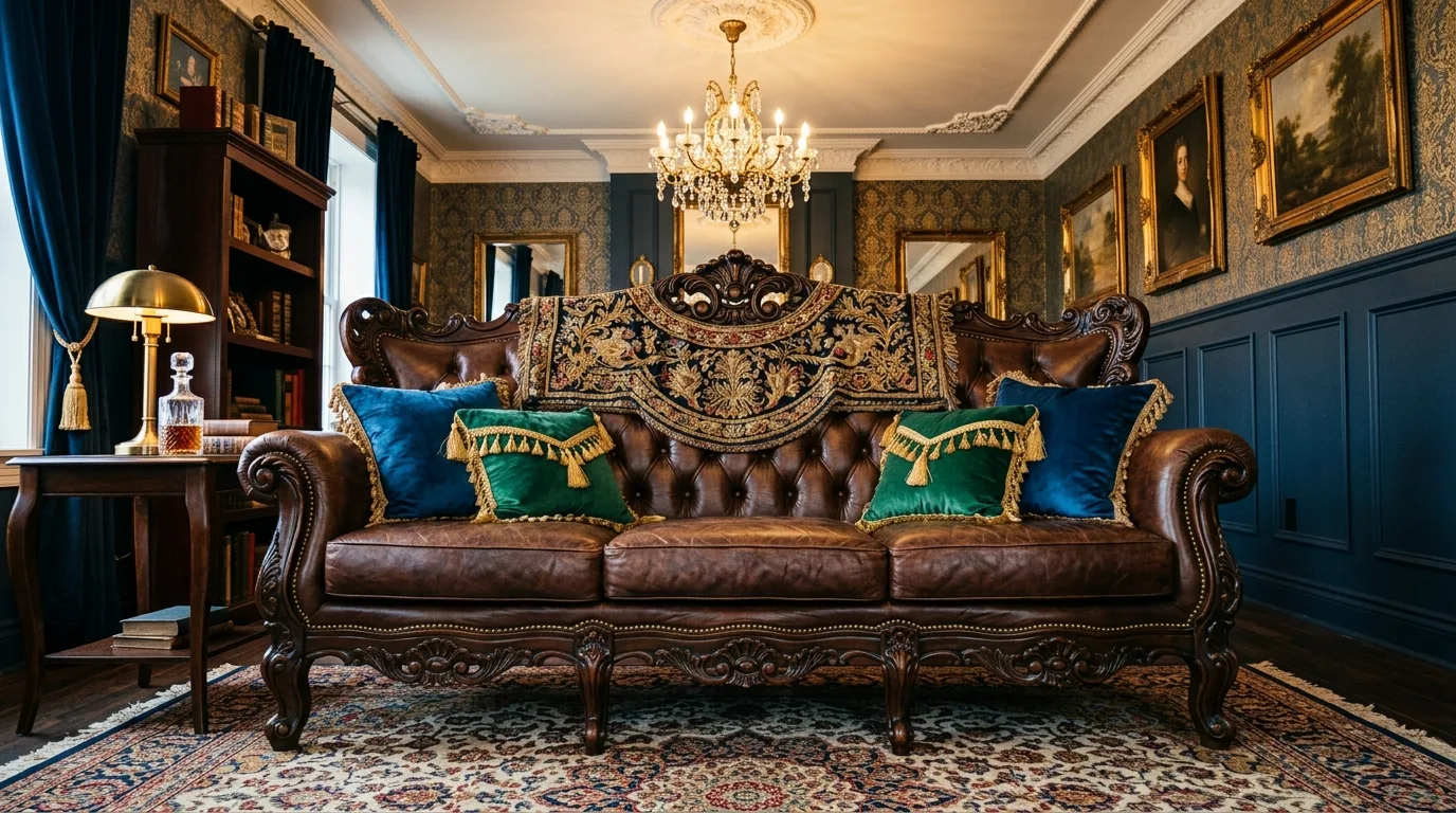 Vintage tufted brown sofa with carved wood trim in an eclectic parlor.