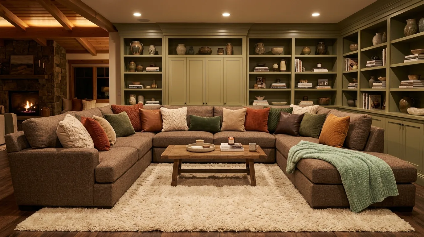 Large U-shaped brown sofa with textured cushions in a family room.