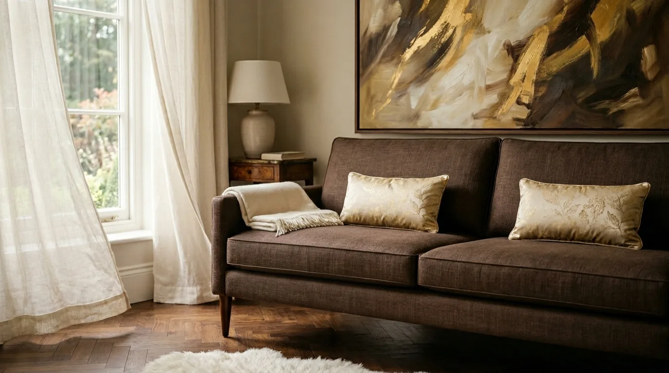 Elegant espresso brown linen sofa placed beneath large abstract art.