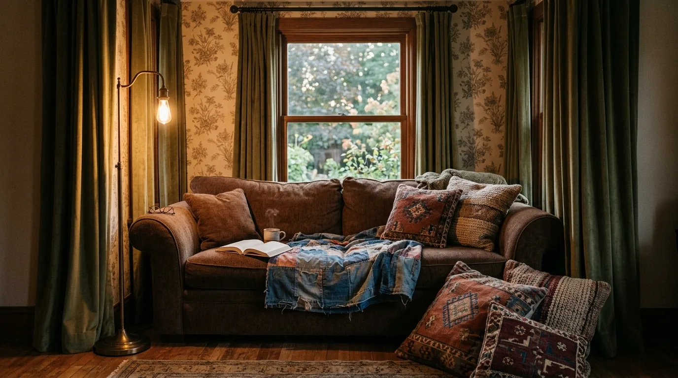 Deep brown chenille sofa tucked into a cozy window alcove.