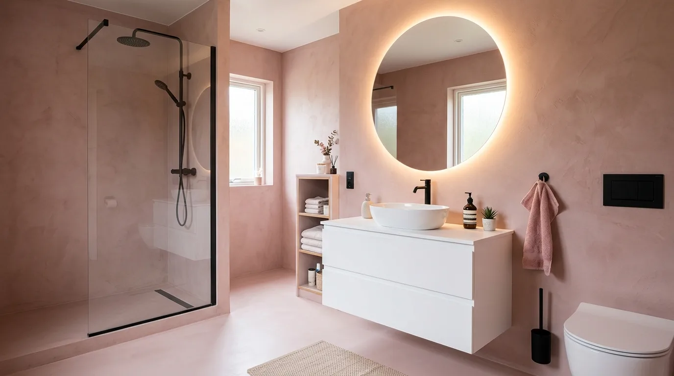 start with the main color or material story in a bathroom inspired by stunning pink inspire remodel.