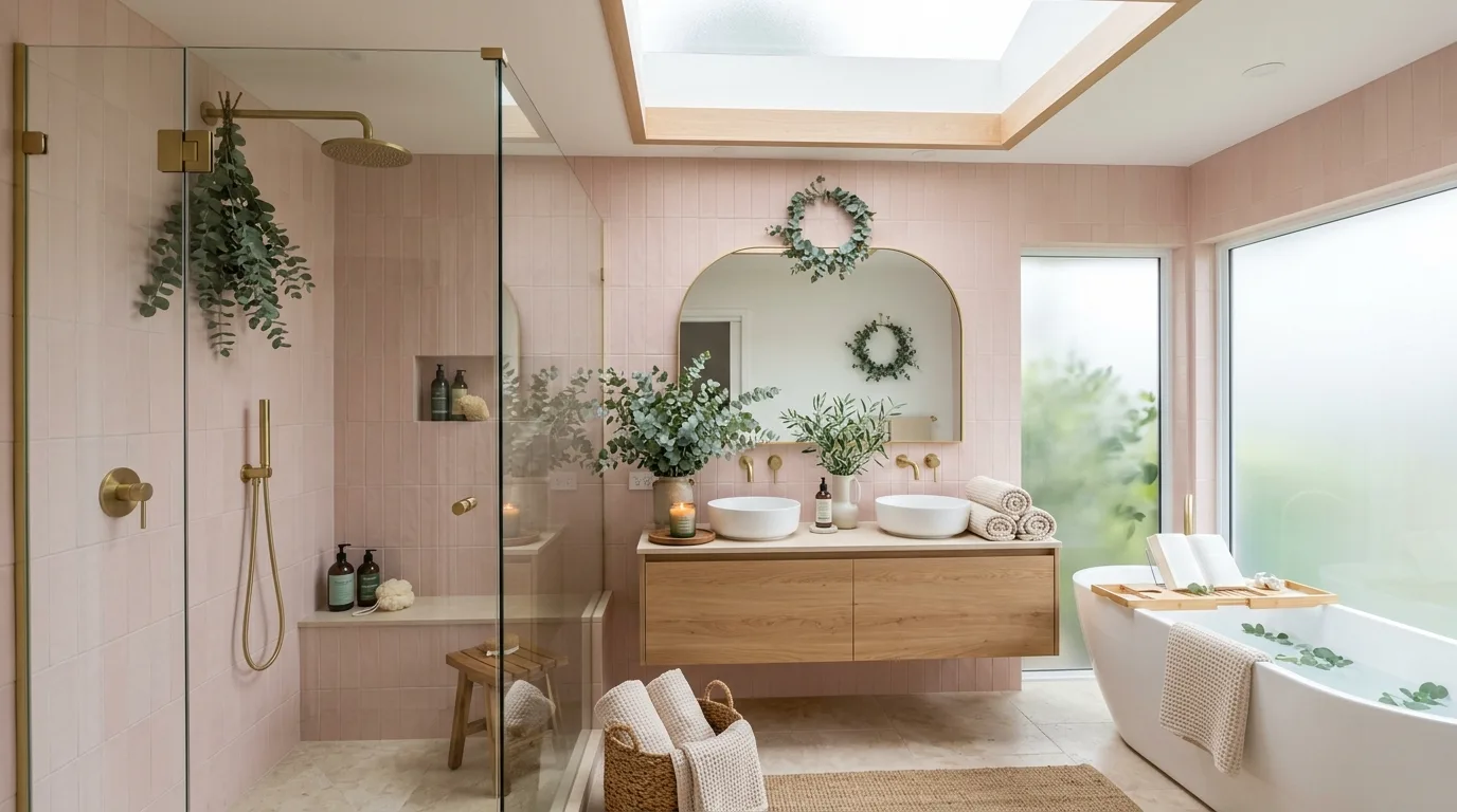 use lighting to bring the space to life in a bathroom inspired by stunning pink inspire remodel.