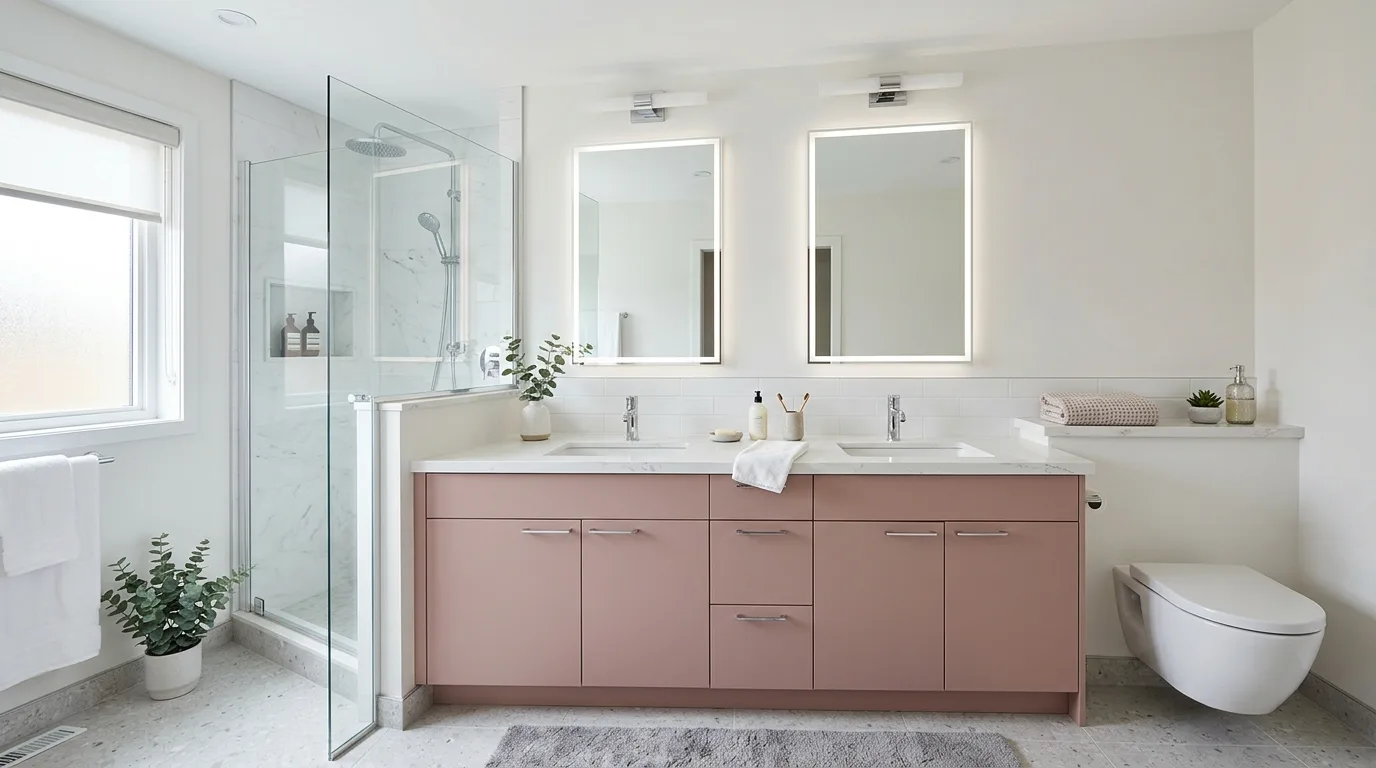 add texture for more depth in a bathroom inspired by stunning pink inspire remodel.