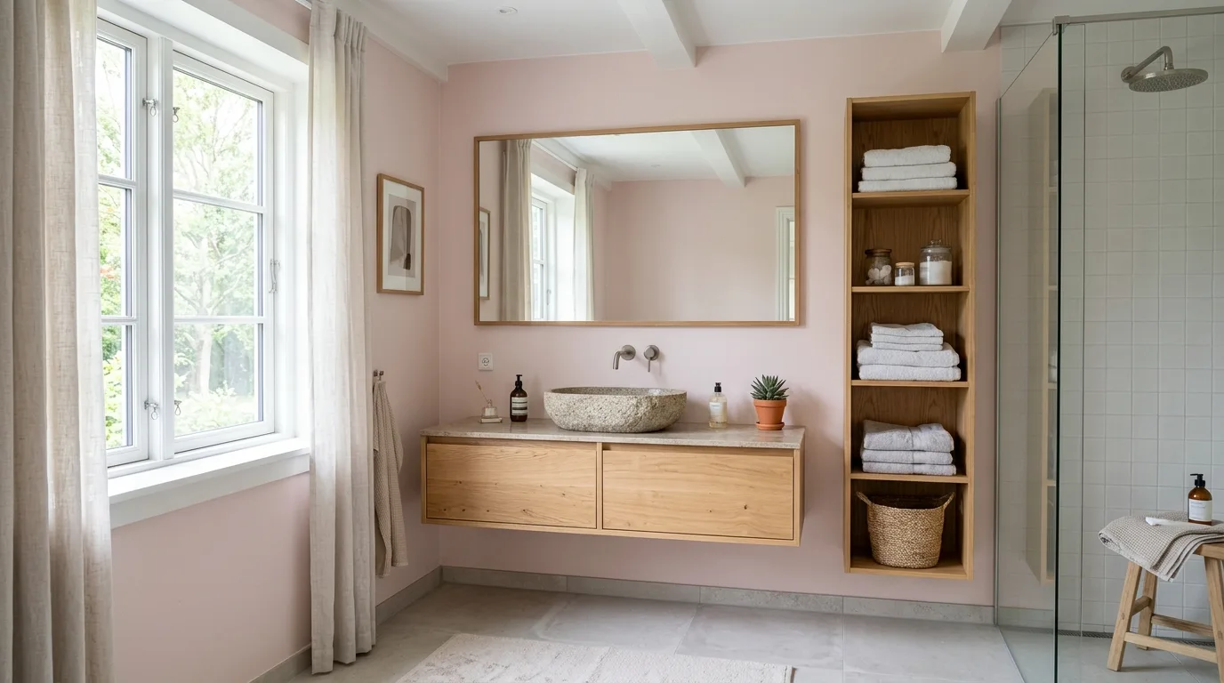 balance boldness with breathing room in a bathroom inspired by stunning pink inspire remodel.