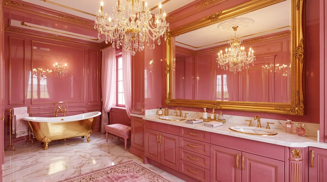 use decor that reinforces the look in a bathroom inspired by stunning pink inspire remodel.