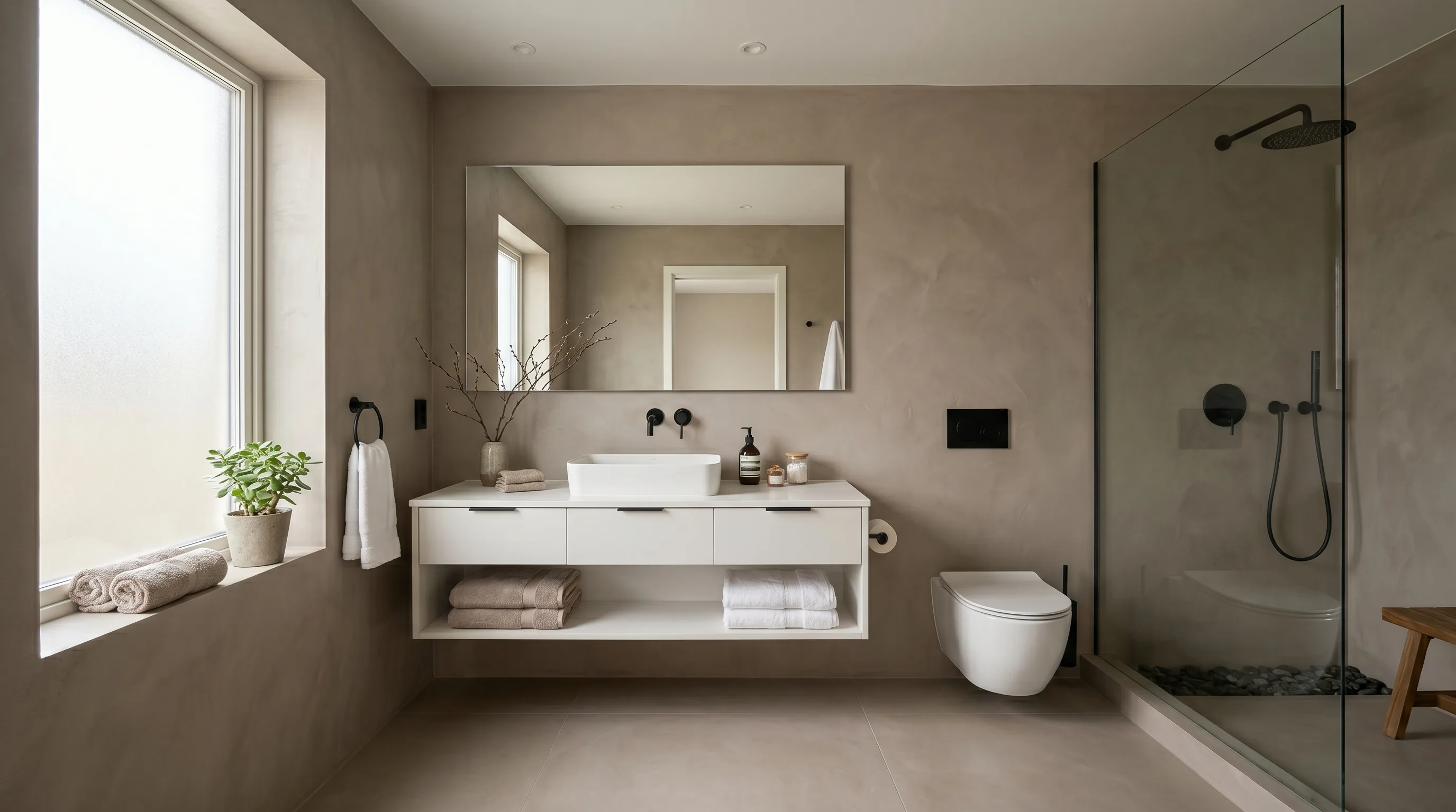 Stunning taupe bathroom design with effortlessly chic styling.